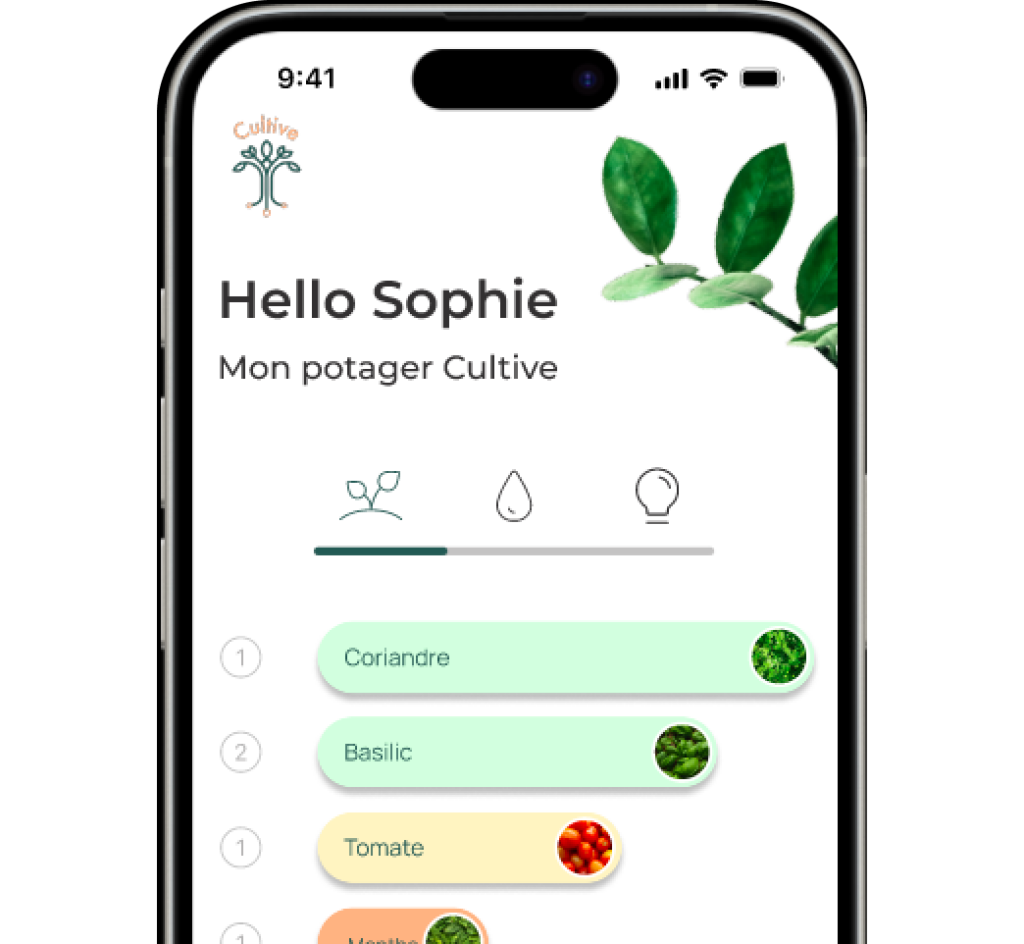 Iphone avec la présentation de l'application pour suivre les pousses du potager connecté