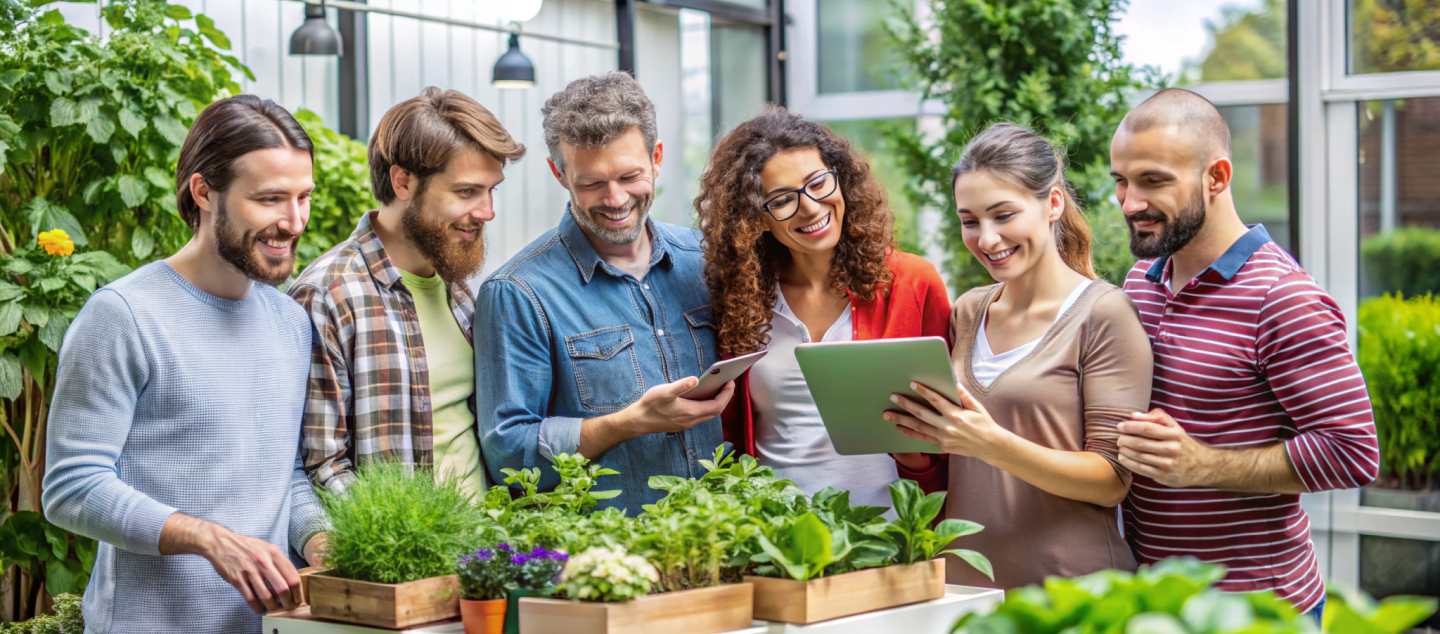 équipe de 6 personnes souriant autour de plantes