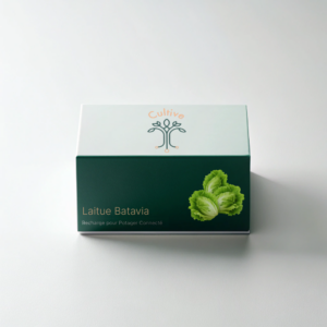 Boite qui enveloppe la recharge de laitue batavia pour le potager connecté